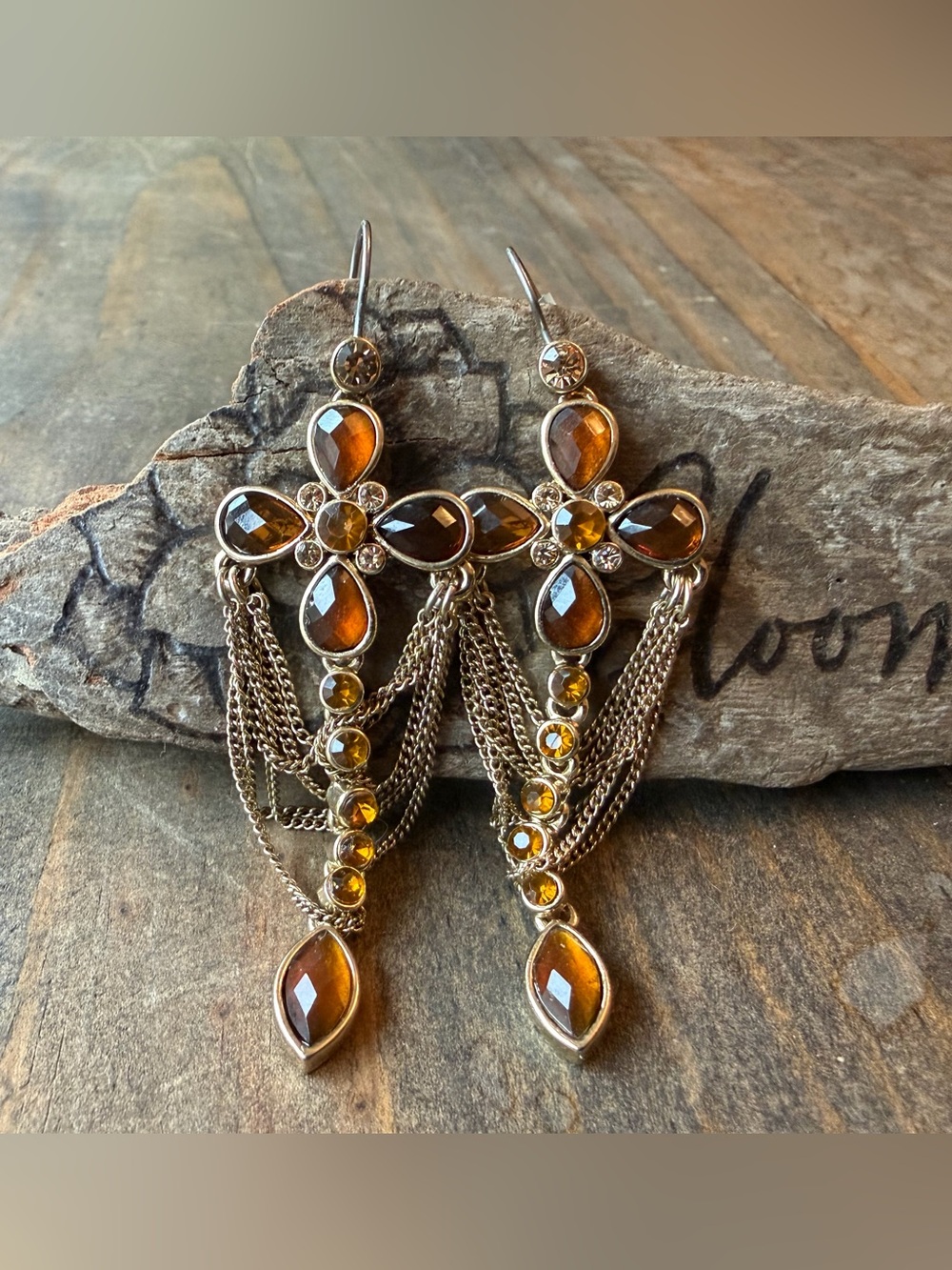 Amber Colored Teardrop Chain Dangle Earrings